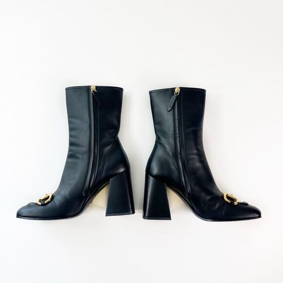 GUCCI Baby Bit Black Leather Boot Size 37.5 High Heel Bootie Square Toe Horsebit - Picture 6 of 13